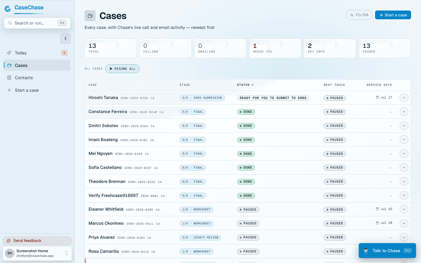The Cases list: every case with its stage, status, next touch, and service date