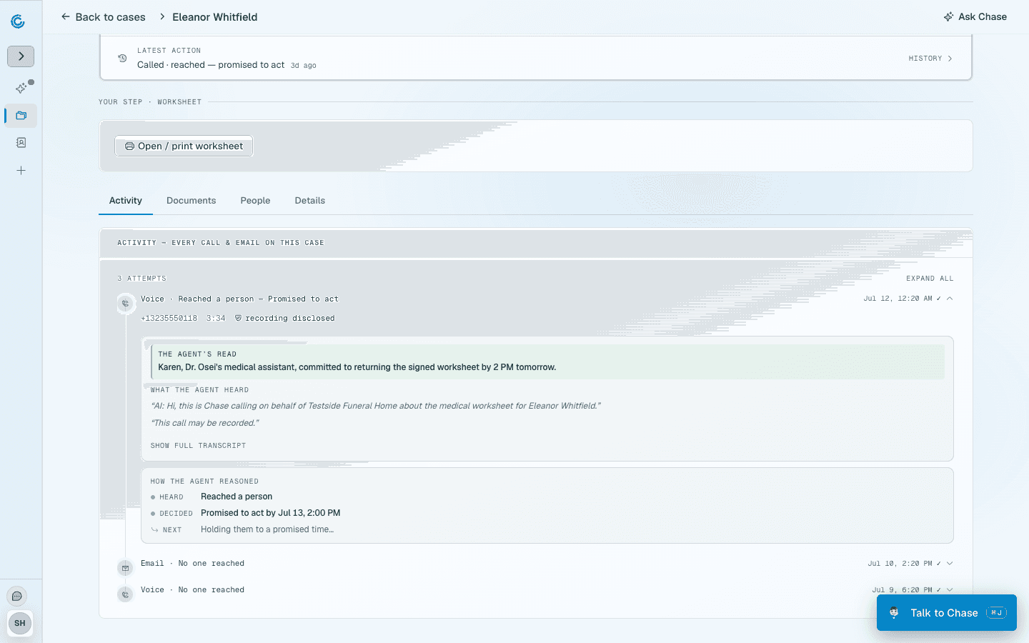 A case's activity timeline: each call and email with its recording, the agent's read, and how it reasoned